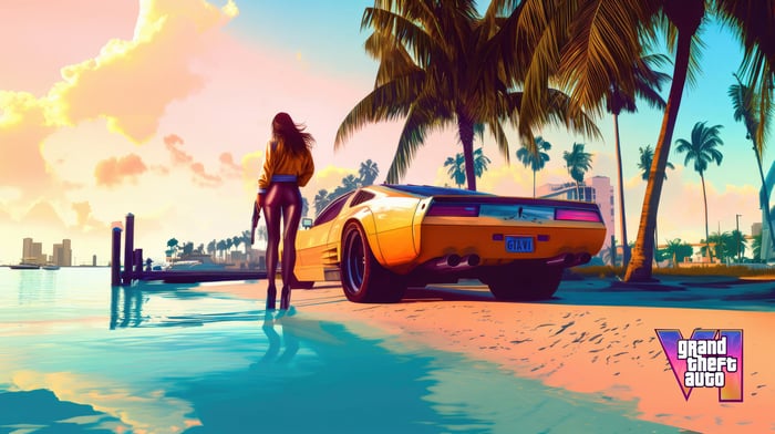 Grand Theft Auto VI concept art with woman and car