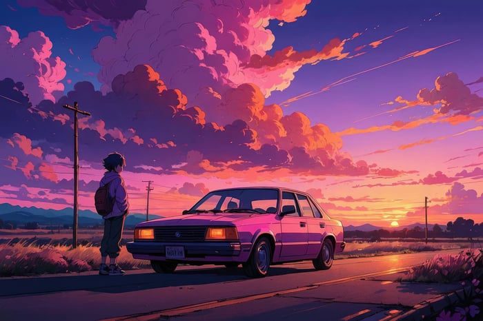 Anime boy and his pink car at sunset