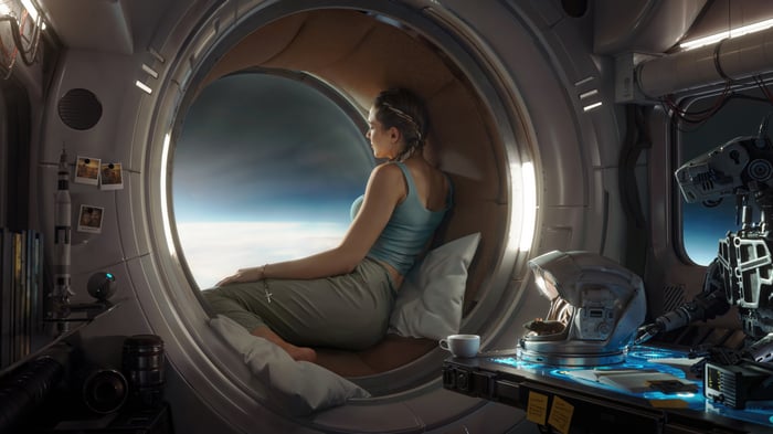 Woman Gazing Out Spaceship Window at Earth