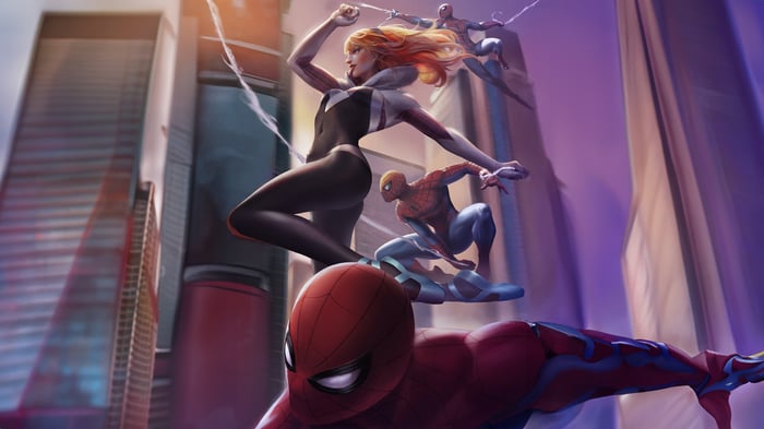 Spider-Verse Characters Swinging Through City