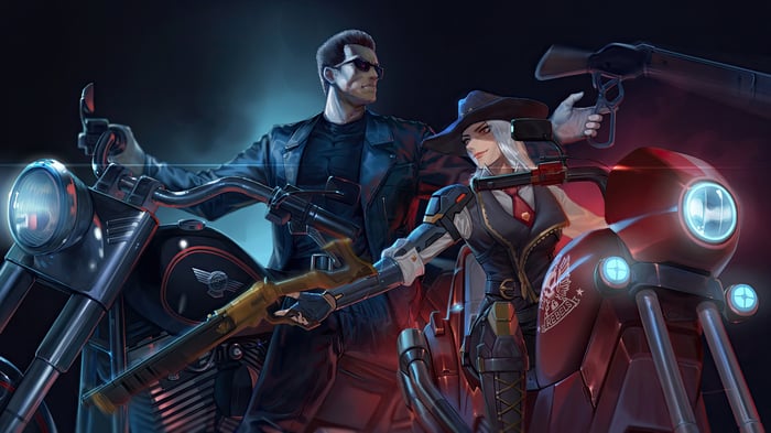 The Terminator and Overwatch characters on motorcycles