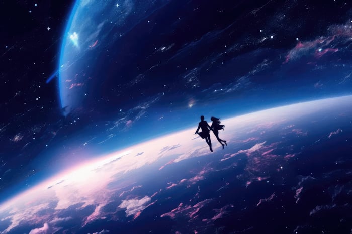 Couple floating in space above a planet