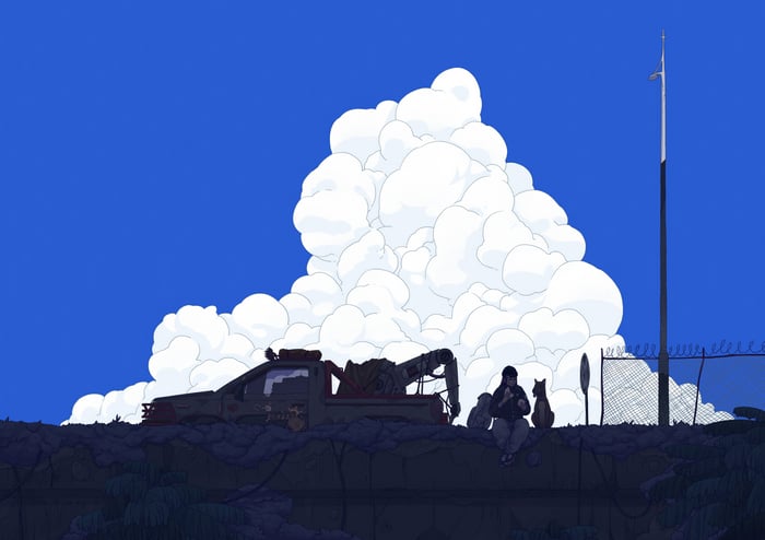 Person and dog sitting with a tow truck under a large cloud