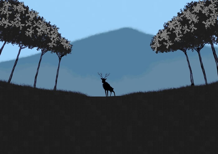 Silhouette of a reindeer in a minimalist forest landscape