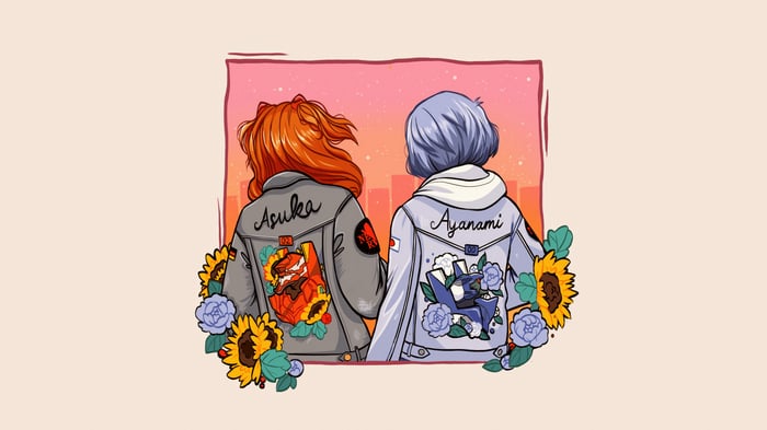 Asuka and Rei in jackets with anime characters