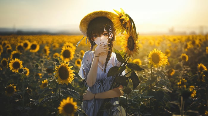 Anime girl with braids in a sunflower field