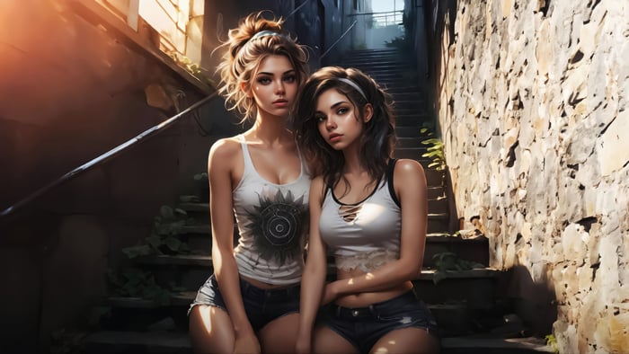 Two young women in casual outfits on stairs
