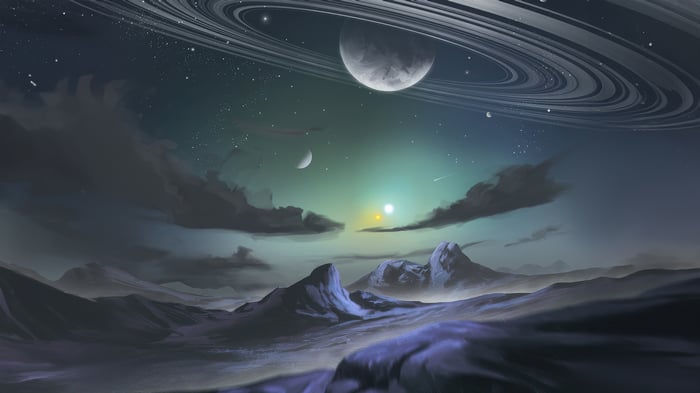 Sci Fi Realm with Ringed Planet and Moons