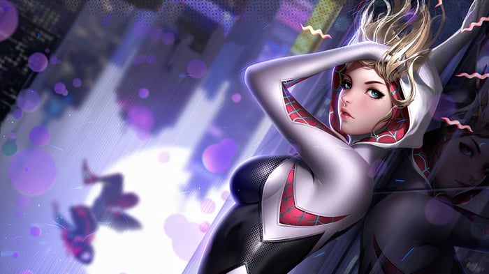 Gwen Stacy in Spider-Gwen costume leaning against a reflective surface