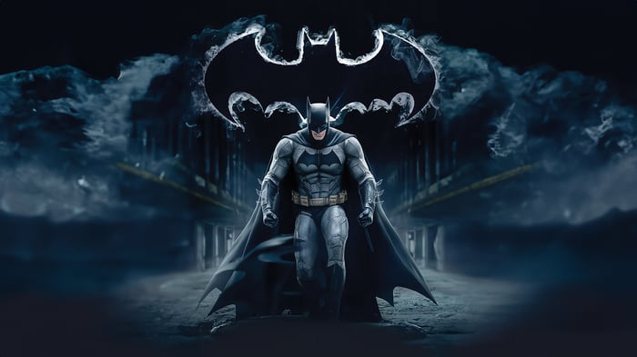 Batman in Gotham with Bat Symbol