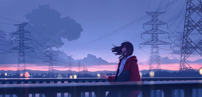 Girl Standing Near Power Lines at Dusk