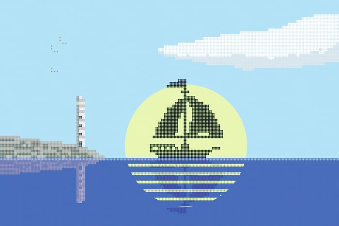 Pixel art sailboat at sunset with lighthouse