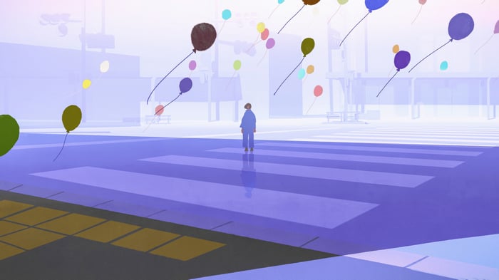 A lone figure stands on a crosswalk with drifting balloons