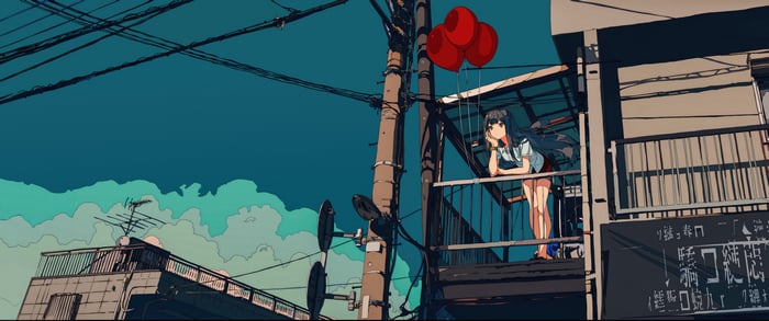 Anime Girl with Red Balloons on a Balcony