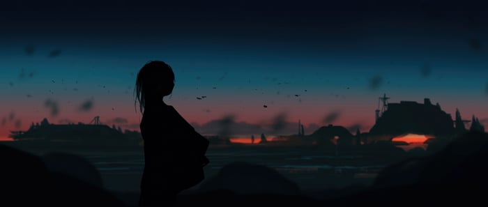 Anime girl silhouette against a sunset cityscape