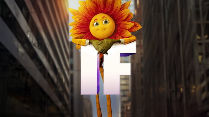 Flower character from IF movie holding "IF" letters