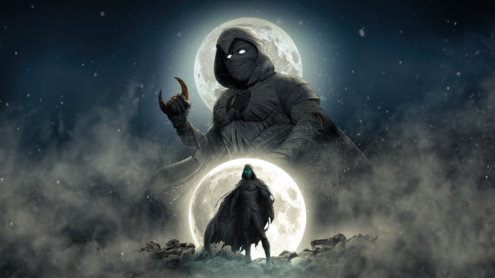 Moon Knight in front of a large moon