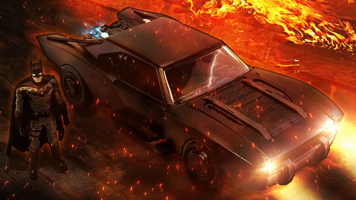 The Batman and Batmobile in Flames