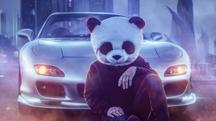 Panda Boy Sitting in Front of a Car