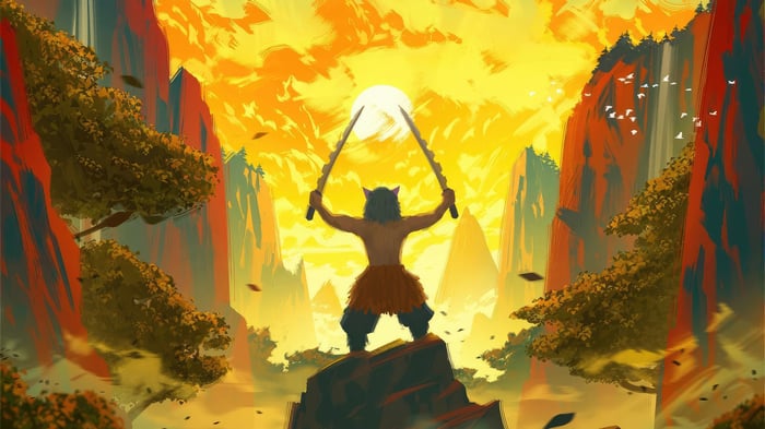 Inosuke from Demon Slayer holding swords at sunrise