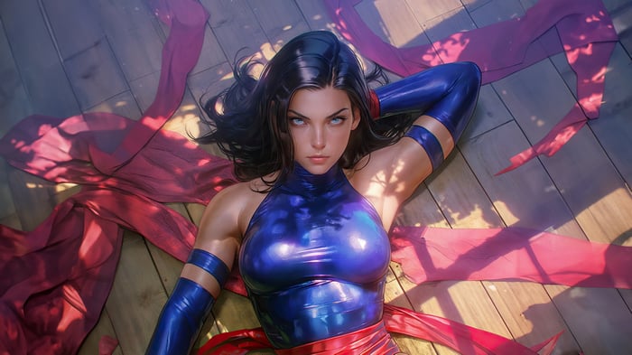 Psylocke lying on wooden floor with red fabric