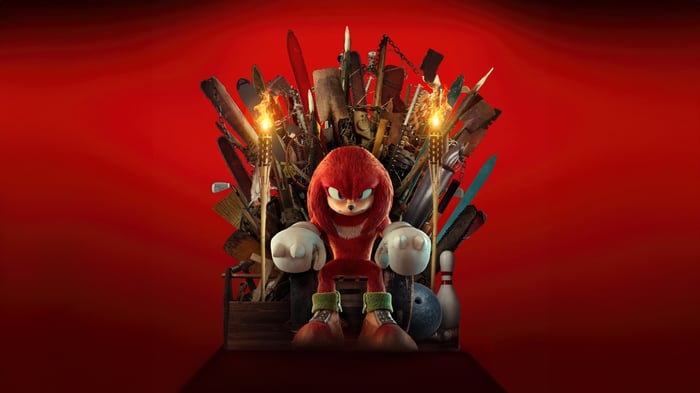 Knuckles sits on a throne of weapons