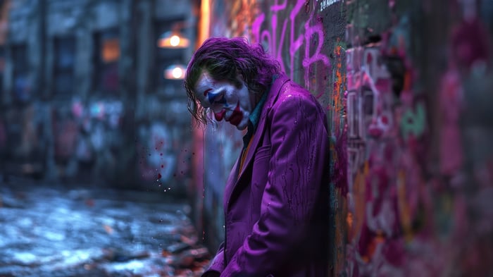 Joker leaning against a graffiti-covered wall