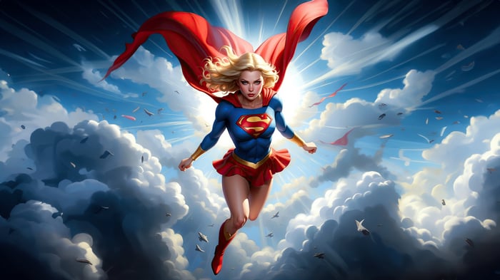 Supergirl flying through clouds with red cape