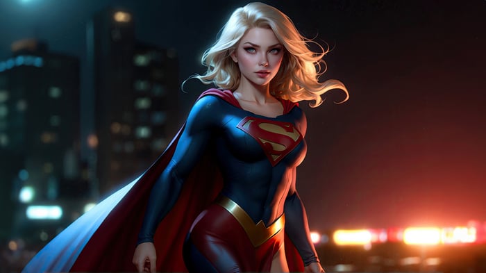 Supergirl in a blue and red costume with a cape