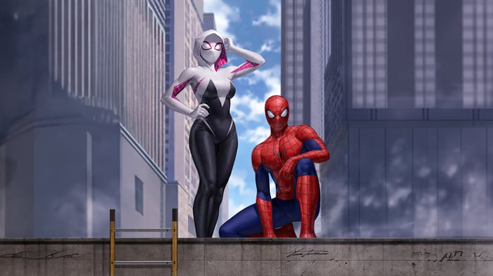 Spider-Man and Spider-Gwen on a Rooftop