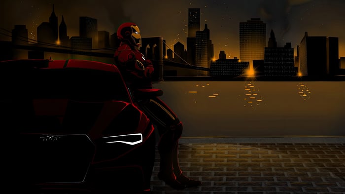 Iron Man Leaning on a Car at Night