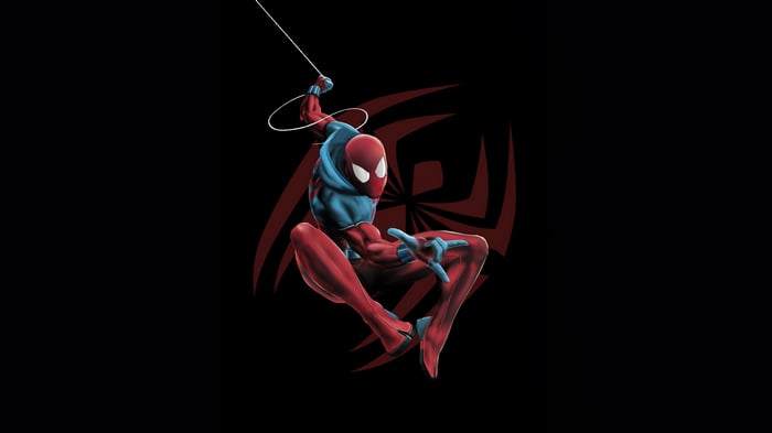 Scarlet Spider swinging with a spider symbol