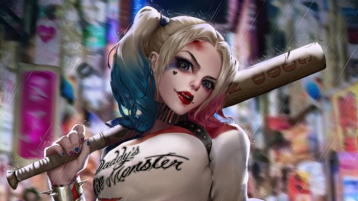 Harley Quinn holding a baseball bat in the rain