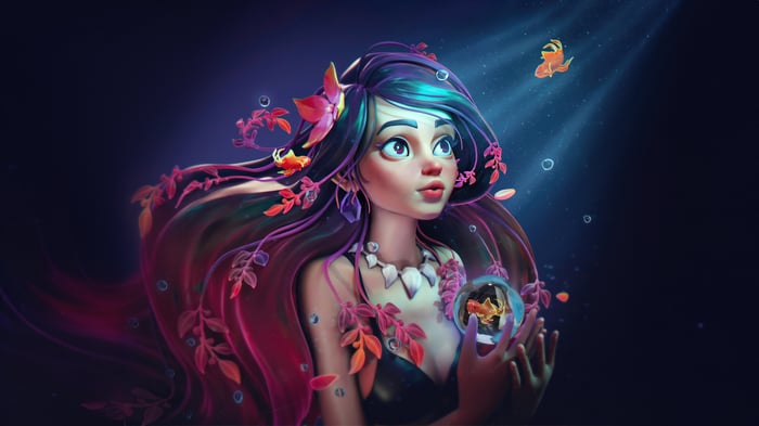Mermaid Queen of the Fishes holding a fishbowl