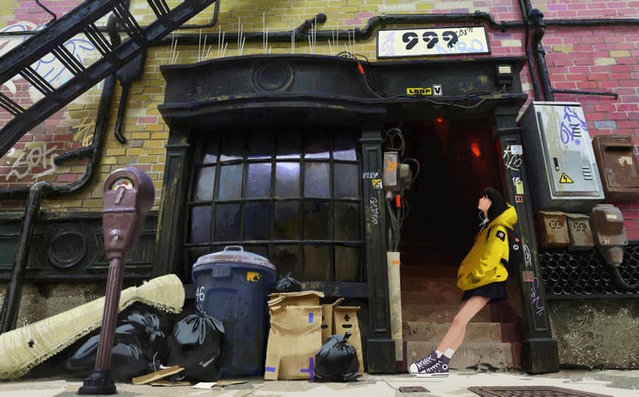 Girl in Yellow Jacket Leaning Against Building Entrance