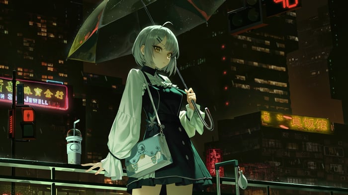 Anime girl with umbrella in a rainy city at night