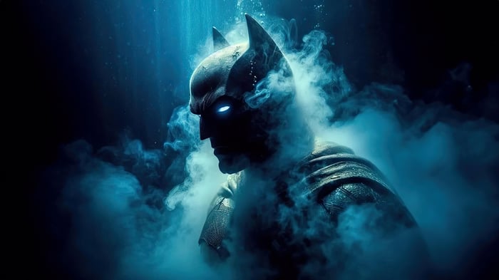 Batman surrounded by blue smoke