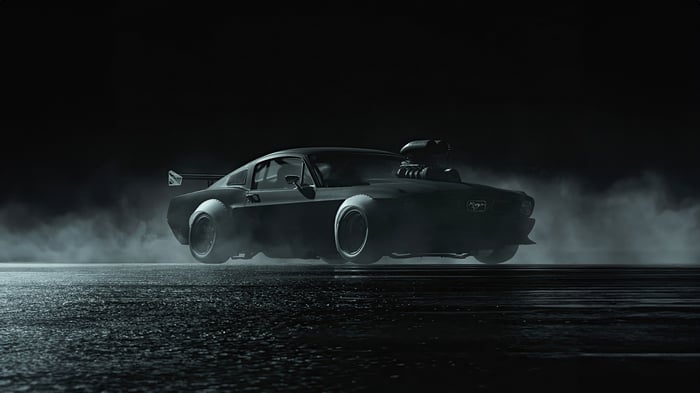 Black Ford Mustang with Supercharger at Night