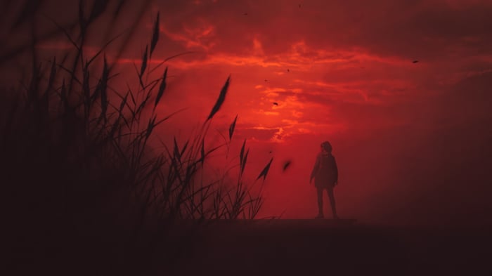 Alan Wake 2 silhouette against a red sky