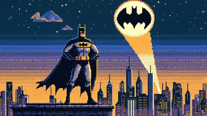Pixel Art Batman on Rooftop with Bat-Signal