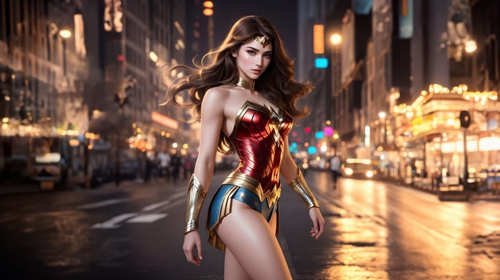 Wonder Woman in a City at Night