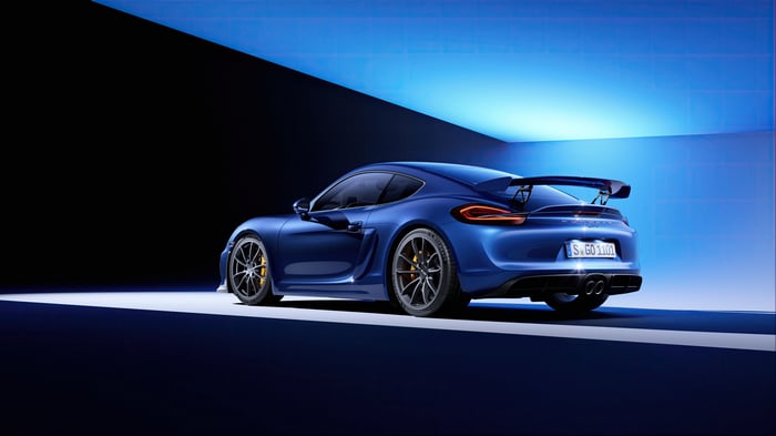 Blue Porsche Cayman GT4 with Rear Wing