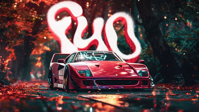 Red Ferrari F40 in a forest with graffiti