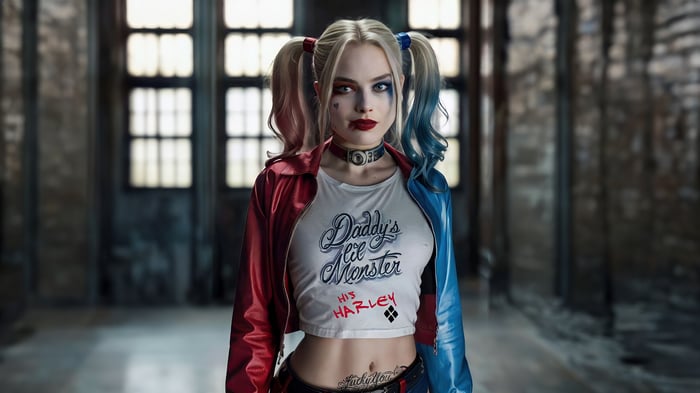 Harley Quinn in a red and blue jacket