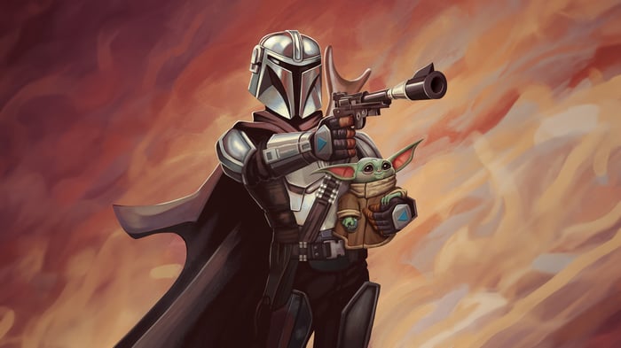 Din Djarin and Grogu with a blaster