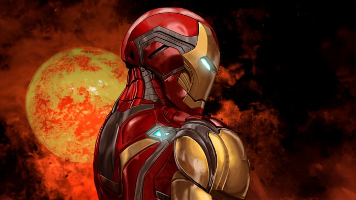 Iron Man Enigma in front of a large planet