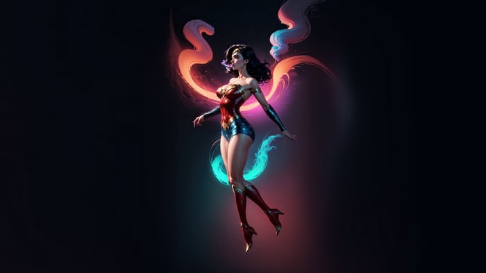 Wonder Woman in a dynamic pose with colorful energy swirls