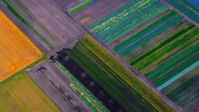 Aerial view of colorful agricultural fields