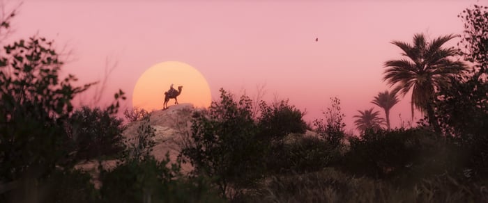 Assassin's Creed Mirage: Camel Rider at Sunset