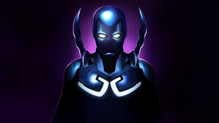 Blue Beetle in a dark, glowing suit
